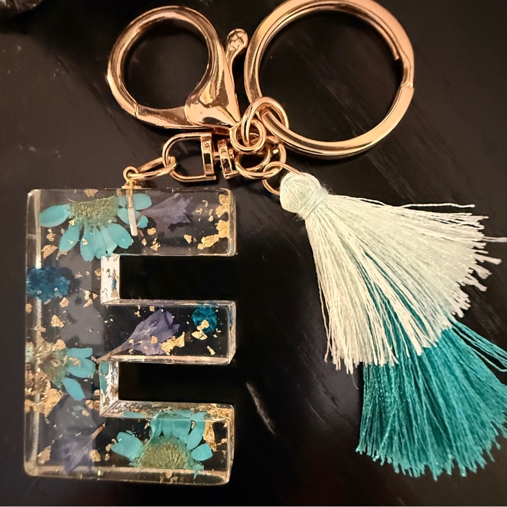 Floral Resin Initial Keychain with Tassel